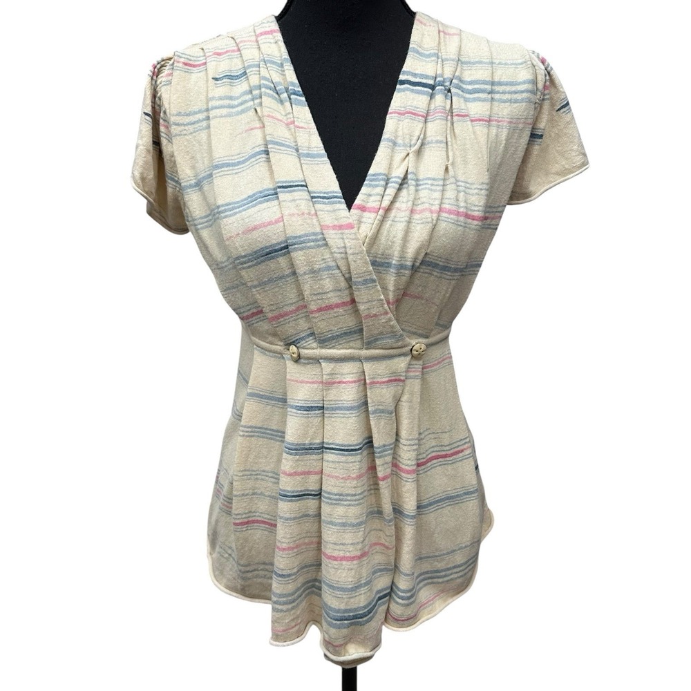 Moth Wrap Front Pleated Terry Linen Cotton Blend Size Small Babydoll Shirt